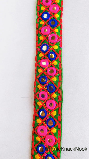 Green Cotton Fabric Mirrored Trim With Embroidery In Fuchsia Pink, Blue, Red & Yellow Threads